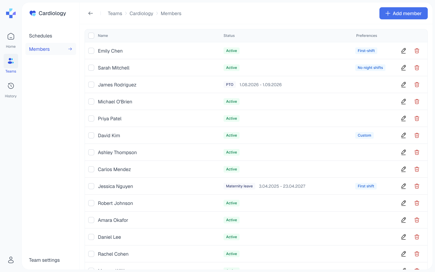 Before: a second sidebar listing Schedules and Members takes width from the table